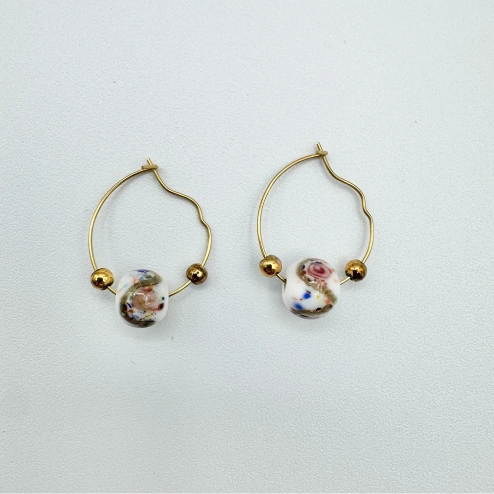 Gold Toned Glass Bead Hoop Earrings